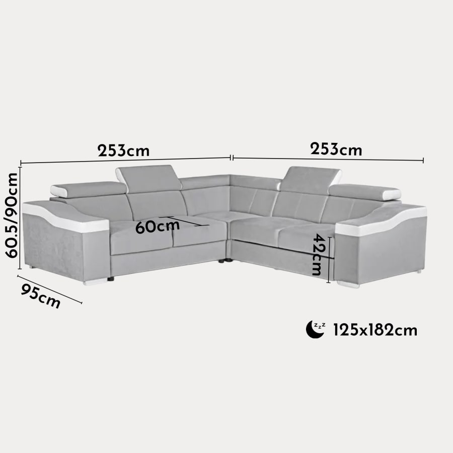 Canap&eacute; d&rsquo;angle convertible r&eacute;versible en velours gris clair et simili cuir blanc